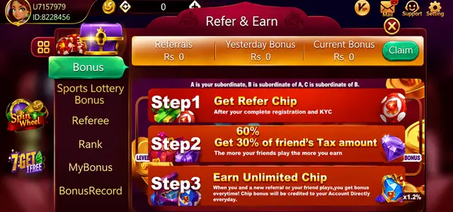 3 Patti no1 Refer and Earn screen showing referral bonuses and sharing options