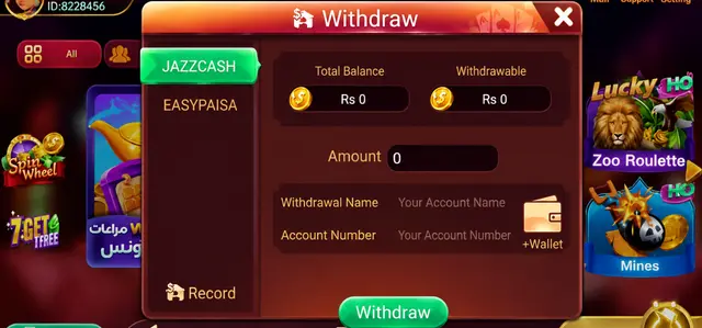 3 Patti no1 withdrawal screen with JazzCash, Easypaisa, balance, and withdrawal options